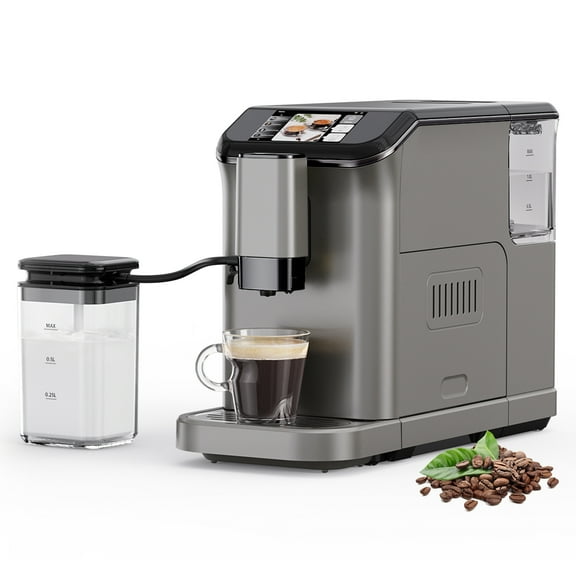Fully Automatic Espresso Maker with Milk Frother, 4 Beverage Options, Built in Grinder, Intuitive Touch Display, Silver