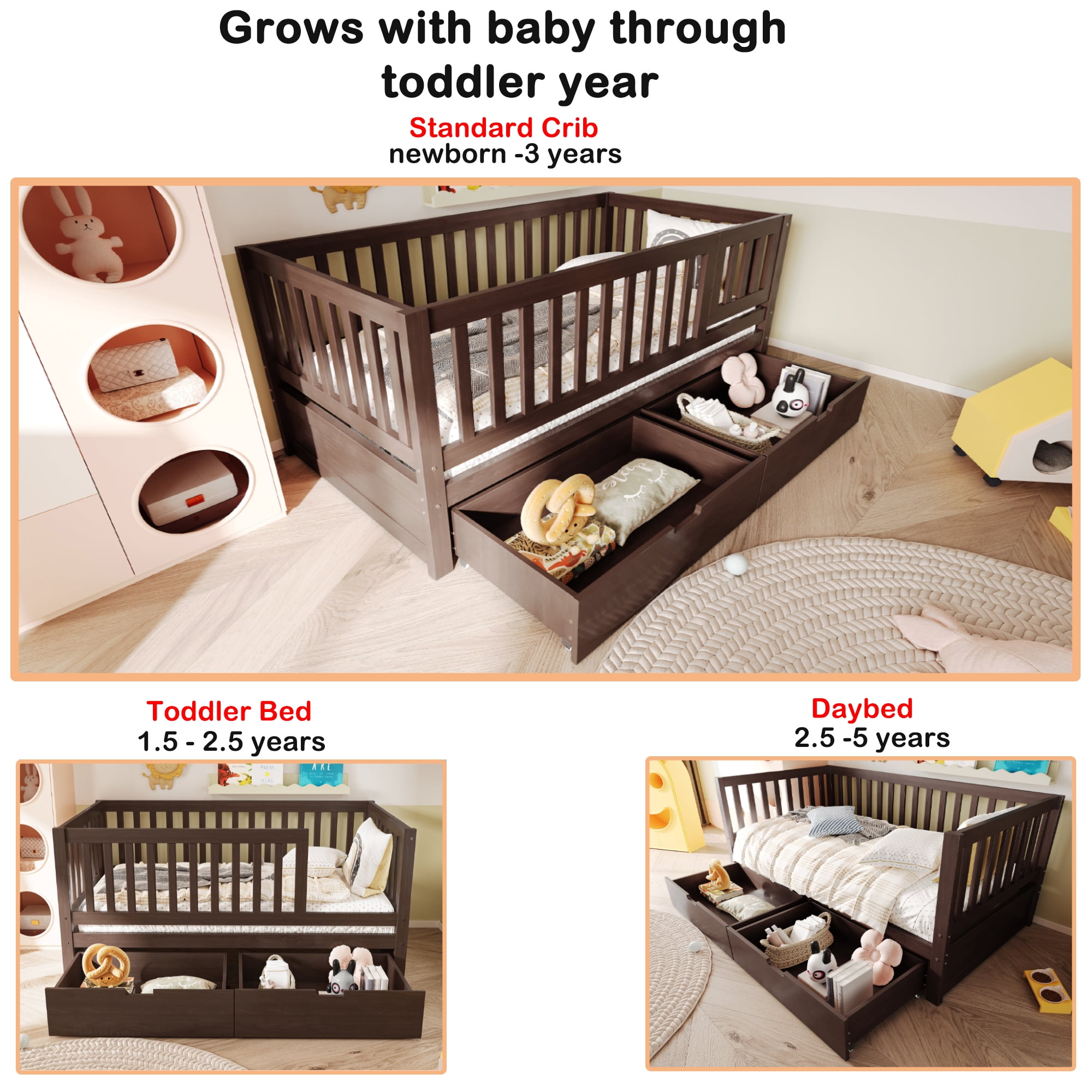 Euroco Wood 3-in-1 Toddler Daybed with Drawers, Crib Bed with Removable Guardrails, Espresso