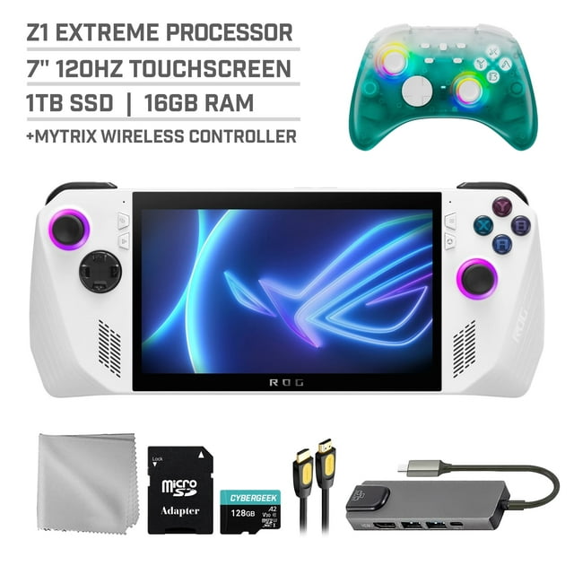 ASUS ROG Ally 1TB SSD Gaming Handheld Bundle – 7" Touchscreen 120Hz FHD 1080p, AMD Ryzen Z1 Extreme, Mytrix Black Ice Hall Effect Wireless Pro Controller, Hub, 128GB MicroSD, 6-in-1 Accessories