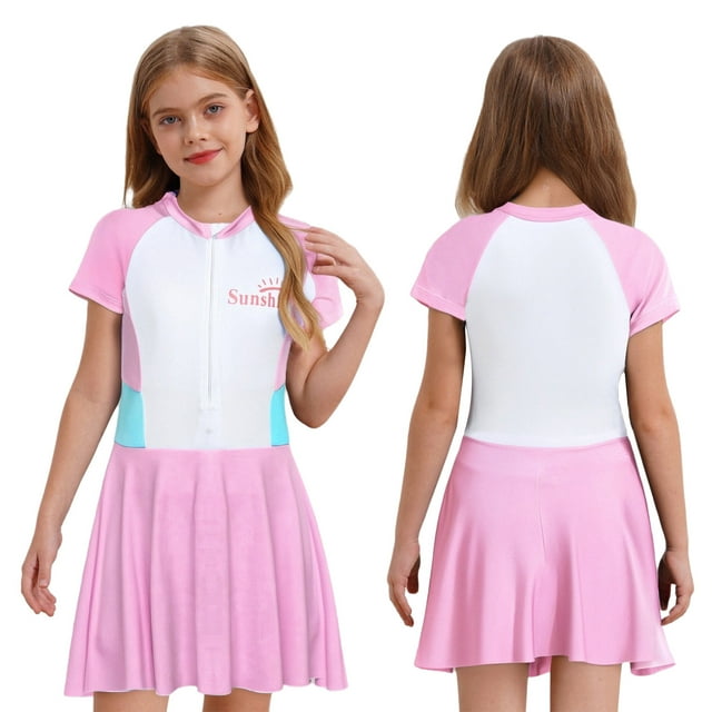 TiaoBug Maillot de Bain à Manches Courtes pour Filles Fermeture Éclair avant Rembourré Tenue de Plage Robe de Bain UPF50+ Protection Éruption Cutanée Blanc&Rose 140/L