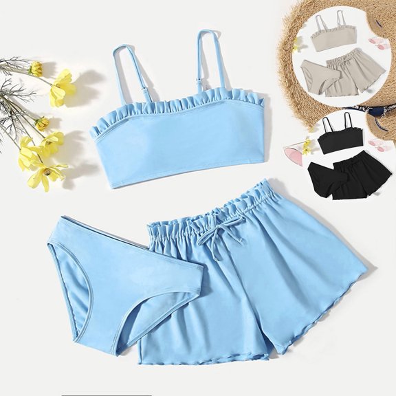 ibiyuan Teen Girls Period Swimwear 3pcs Bathing Suits with Chest Pad Colorful Contrast Bikini Set Quick Dry Ruched Side Tankini for Girls Swimwear with Cover Up Pants