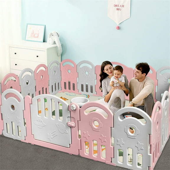 Costway Parque Centro Actividad con 20 Paneles en HDPE para Niños Cerca Portátil Valla de Seguridad para Bebés con Puerta con Cierre Gris y Rosa