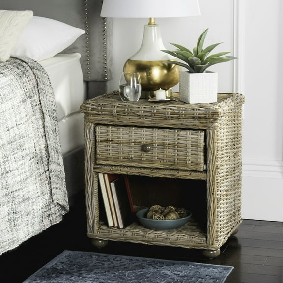 SAFAVIEH Lagos Natural Grey Wicker Nightstand With Drawer And 8"H Storage Grey