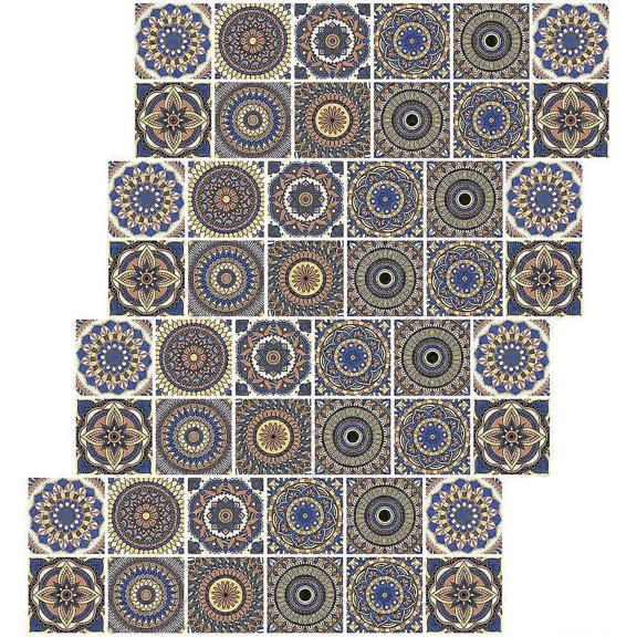 48pcs Self Adhesive Vintage Tile Stickers for Kitchen, Bathroom Wall Decor – Peel and Stick Mandala Design Wall Decals for Living Room, Bedroom –