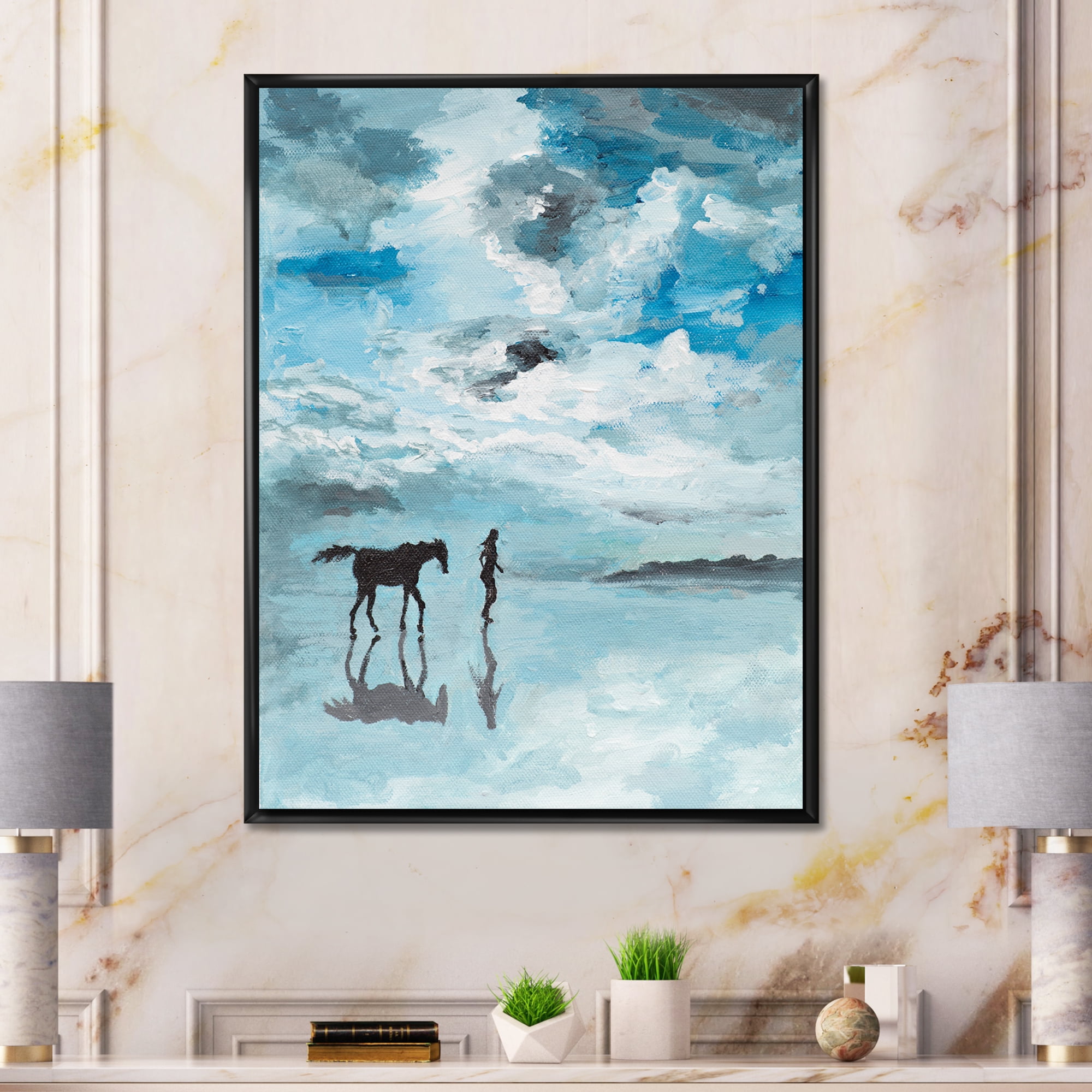 Designart 'Peaceful Scene Of Horse and Man Running By The Water' Farmhouse Framed Canvas Wall Art Print