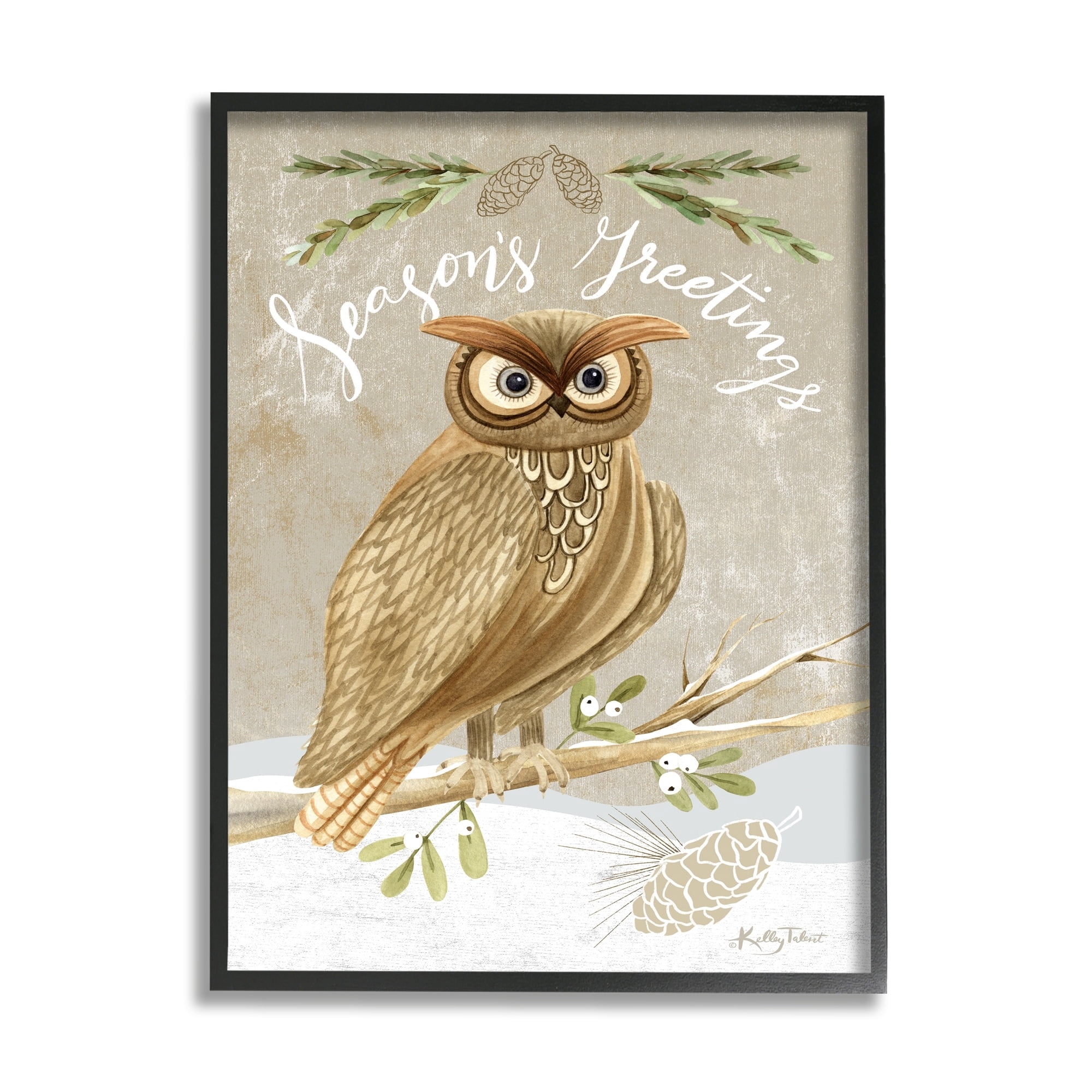 Season's Greetings Winter Snowscape Owl Perched Pinecones Animals & Insects Graphic Art Framed Art Print Wall Art