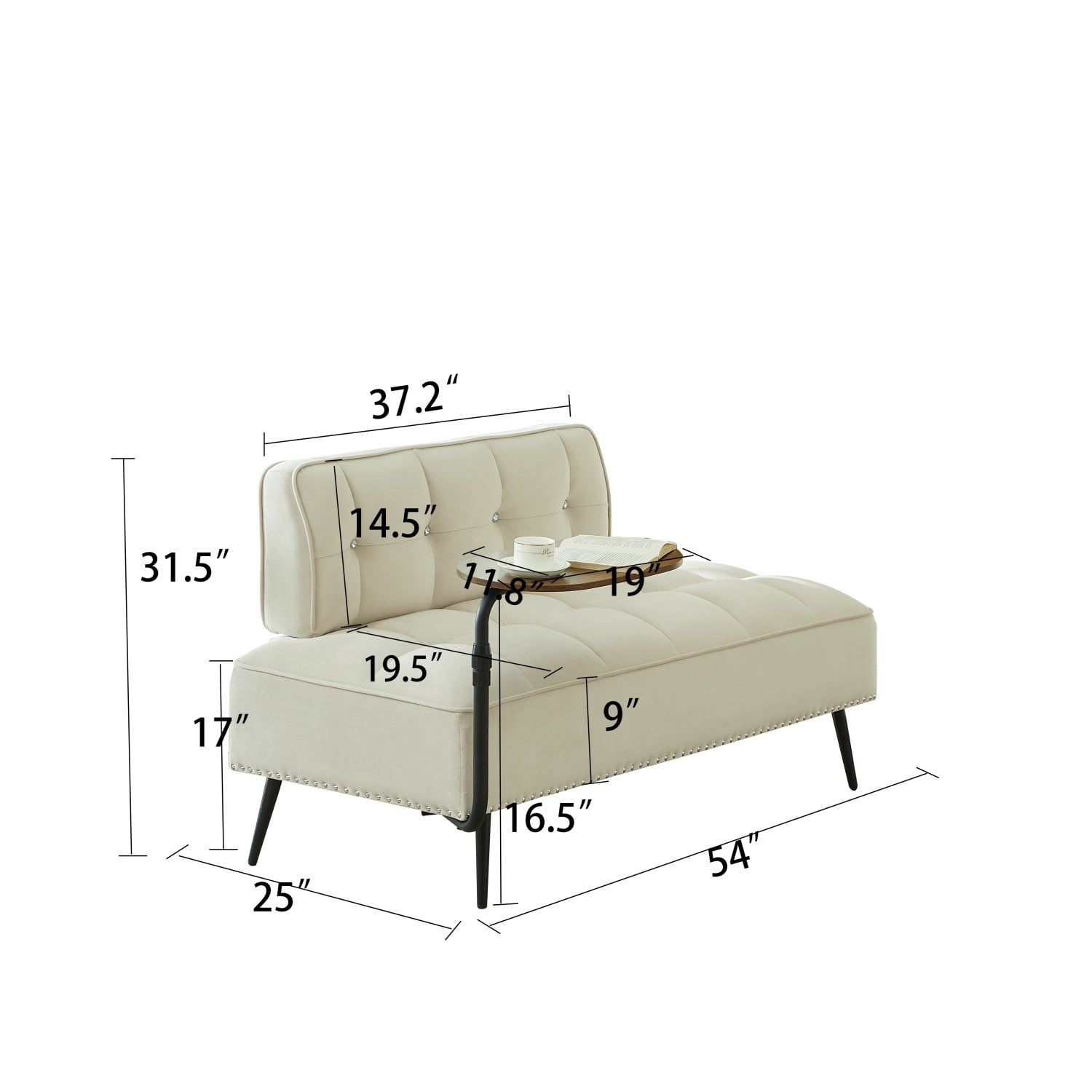 54-Inch Modern 2 Seater Velvet Sofa with 360 Rotating Side Table, Upholstered Couch with Nailhead Trim for Living Room Bedroom Apartment, Beige