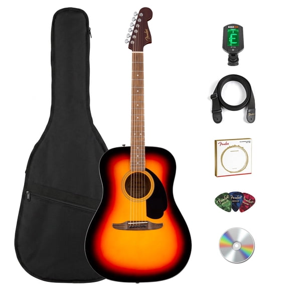 Fender California Standard Redondo Spruce Top Black Pickguard Acoustic Guitar - 3-Color Sunburst Bundle with Gig Bag, Tuner, Strap, Strings, Picks, and Austin Bazaar Instructional DVD