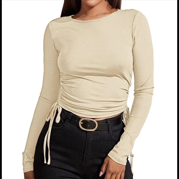 Camisa Corta de Cuello Redondo, Larga y Cordón Lateral para Mujer, Ajustada, Acanalada Albaricoque M