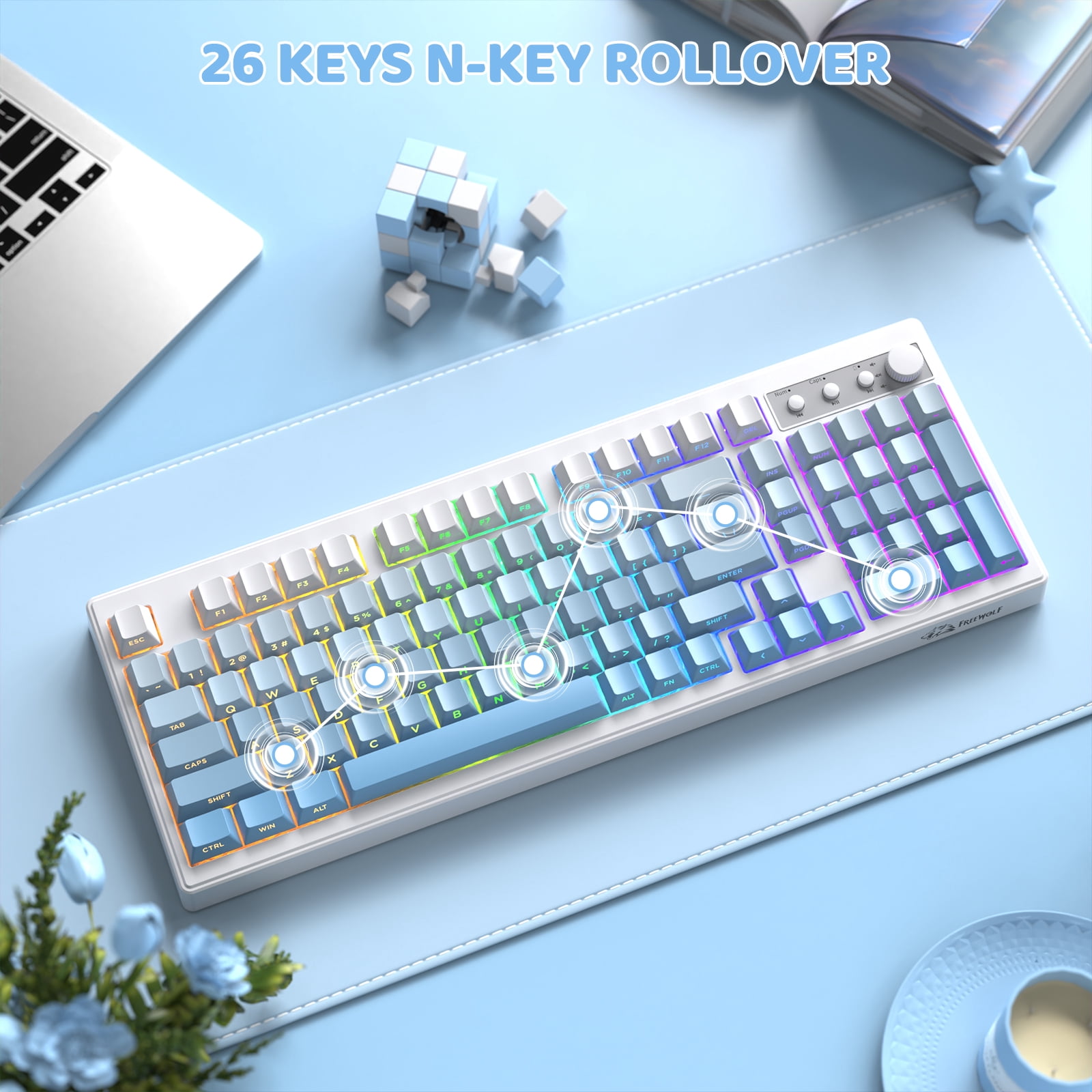 Freewolf-ZIYOULANG K100 99 Keys Gaming Membrane Wireless Tri-Mode BT/2.4GHz/USB-C Computer Keyboard with Media Knob & Side Printed Keys, Blue