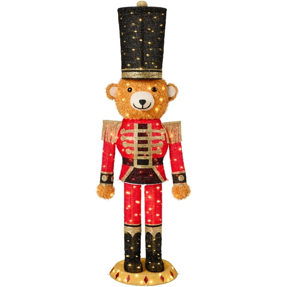 Christmas Nutcracker Bear 5ft Pop UpLighted Large Holiday Decoration w/150 Twinkling LED lights for Outdoor, Indoor - Red