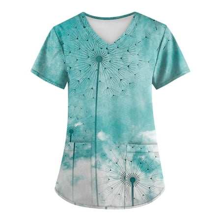 

BIZIZA Maternity Scrubs for Women Elegant with Two Pocket V Neck Scrubs Tie Dye Printed Short Sleeve Plus Size Womens Blouses and Tops Clearance Sky Blue L