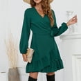 thumbnail image 6 of Fall Dresses for Women 2025 Long Sleeve V Neck Lace up Wrap Dress Solid Color Casual Ruffle Knee Length Cocktail Dress, 6 of 7