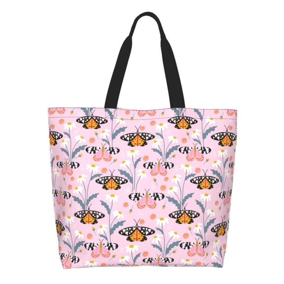 Easygdp Pink Butterfly Daisy Tote Bags for Women,Women Travel Shoulder Bags Handbags，Big Capacity Shopping Work Bag
