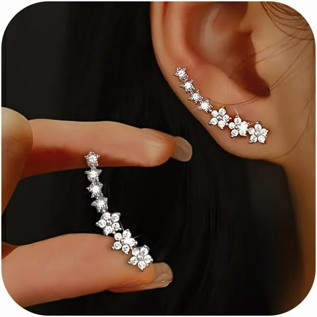 Vireellx Dainty Flower Climber Earrings in Silver Small 925 Sterling Trendy Jewelry