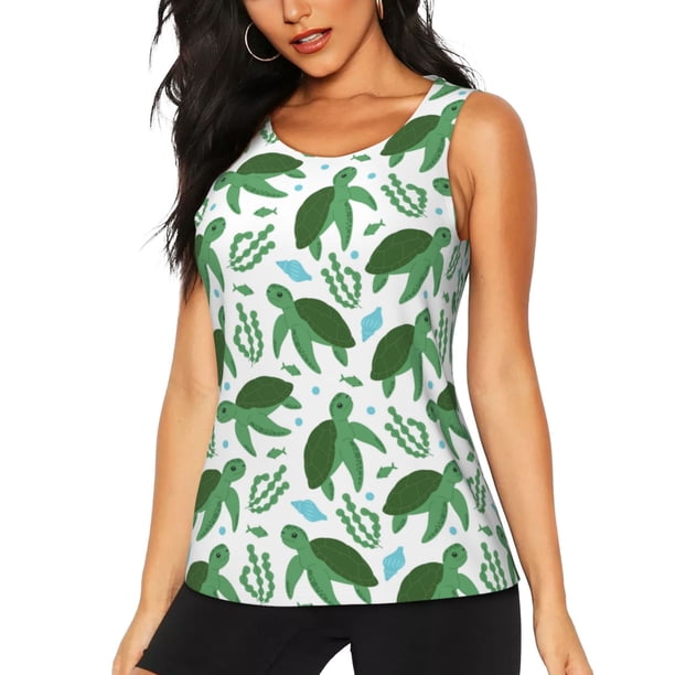Fotbe Cartoon Turtle Blusas Sin Mangas para Mujer – Estilo Casual, Corte Suelto, Slim-Fit, Cuello Redondo Deportivo, Tops de Verano para Gimnasio y Yoga-Large