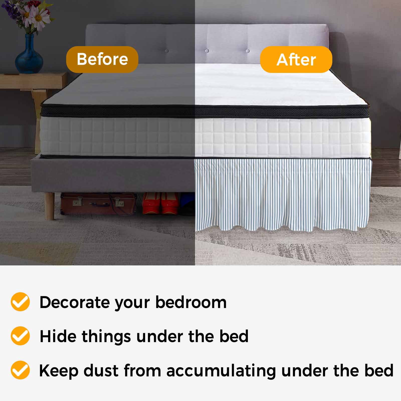 Bed Skirt Blue White Stripe Pattern Adjustable Elastic Wrap-Around Dust Ruffle with Simple Style Light Blue Pinstriped 16 Inch Drop, Bed Frame Cover for Queen Size Bed