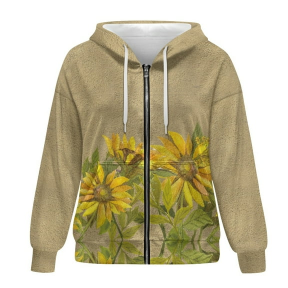 SCRAWLGOD Sunflower Woman Zipper Hoodies for Women Oversized Sweatshirt with Hood Long Sleeve Ladies Hoodies Zip Front Comfy Active Wear Hoodies for Women Work Size XS