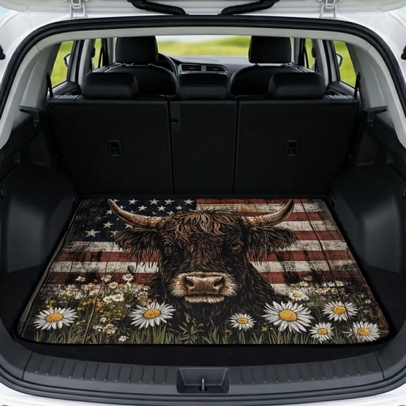 DISNIMO Car Cargo Mat All Weather Trunk Protection Cargo Liner Heavy Duty Rear Trunk Liner Machine Washable Dog Seat Cover Suitable for Most Cars Models, Highland Cow Daisy American Flag