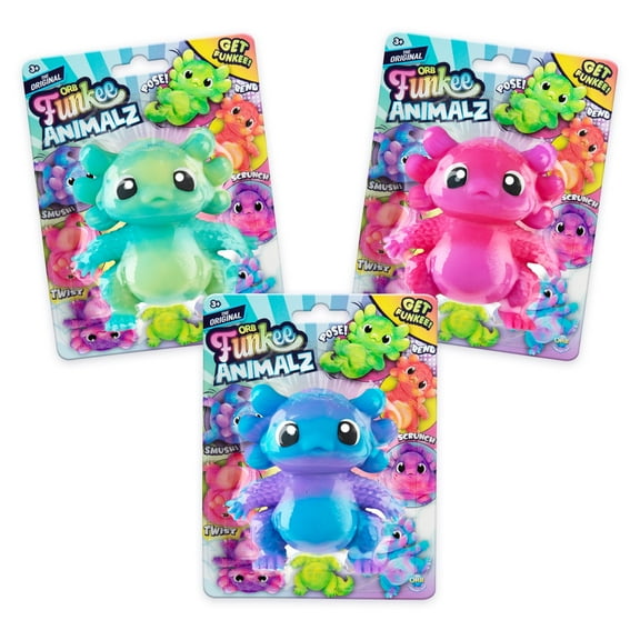 ORB Funkee Animalz MEGA Axolotl 3 Pack -  Adorable, Funny, Stretchy, and Squishy Axolotls, Perfect to Squeeze for Stress Relief - Original Sensory / Fidget Collectible Toy Animals for Kids and Adults