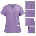 thumbnail image 6 of Two-Piece Solid Color Scrub Set - Short Sleeve with Pockets, Micro Elastic Polyester Fabric, Drawstring Pants - Medical & Health Care Uniform for Women, Casual Wear for All Seasons, 6 of 11