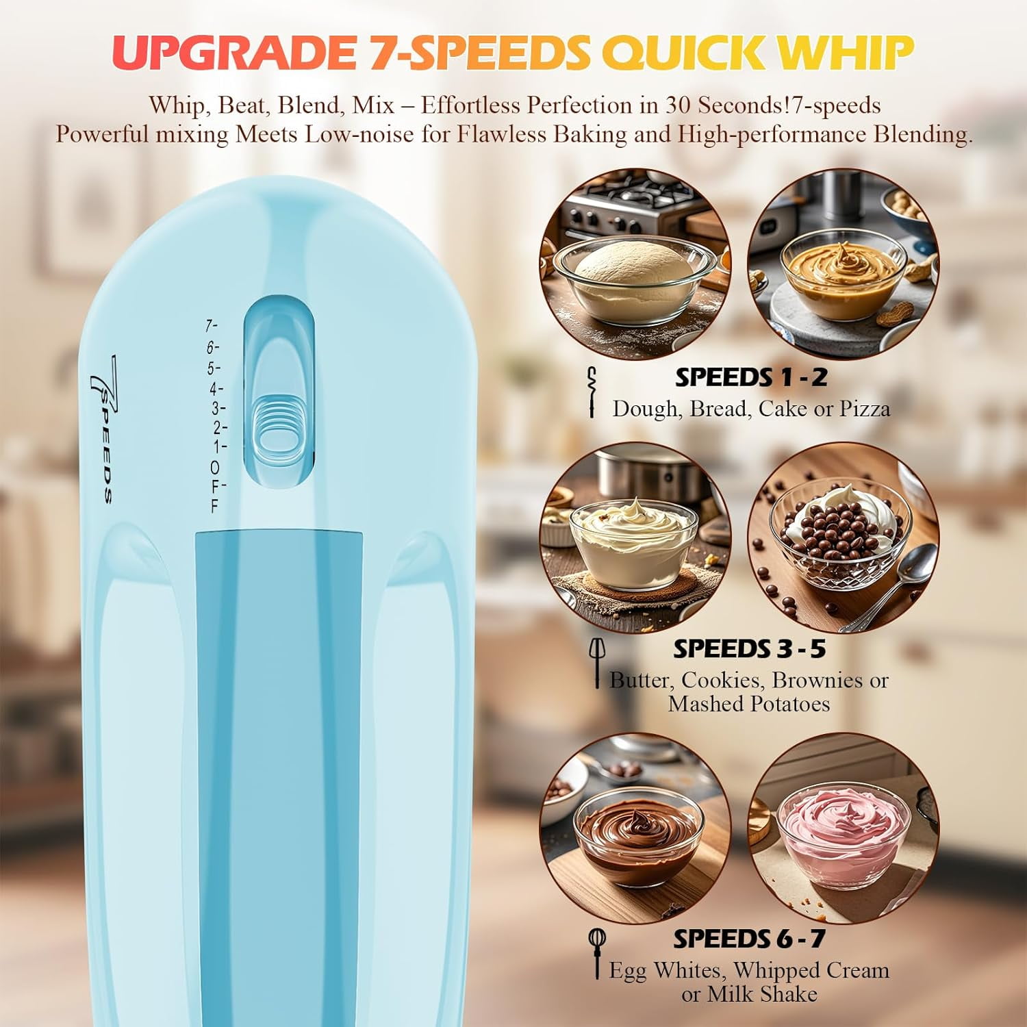 7-Speed Electric Hand Mixer – Portable Food Kitchen with 304 *(1x Whisk, 2x Beater, Dough hook) for Baking Cakes, Cream, Blue