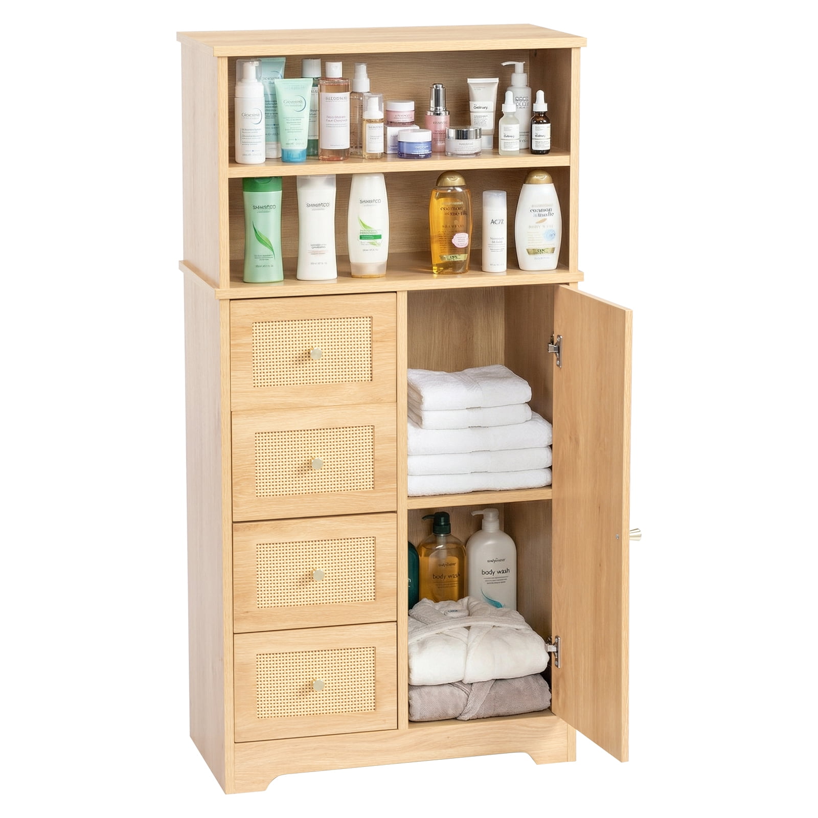 Ktaxon Bathroom Floor Cabinet with 4 Drawers 1 Cupboard & 2 Adjustable Shelves for Kitchen Living Room, Rattan
