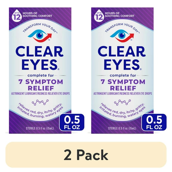 (2 pack) Clear Eyes 7 Symptom Relief Lubricant Eye Drops, 0.5 fl oz