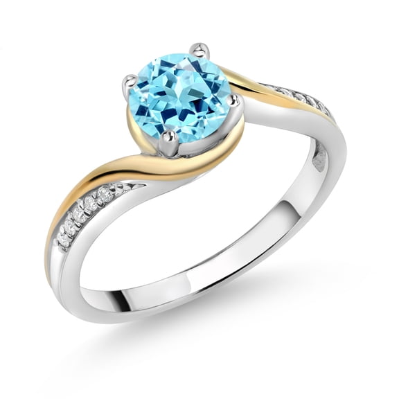 Gem Stone King 925 Silver and 10K Yellow Gold Ring Round Blue Apatite and Moissanite (0.87 Cttw, Size 6)