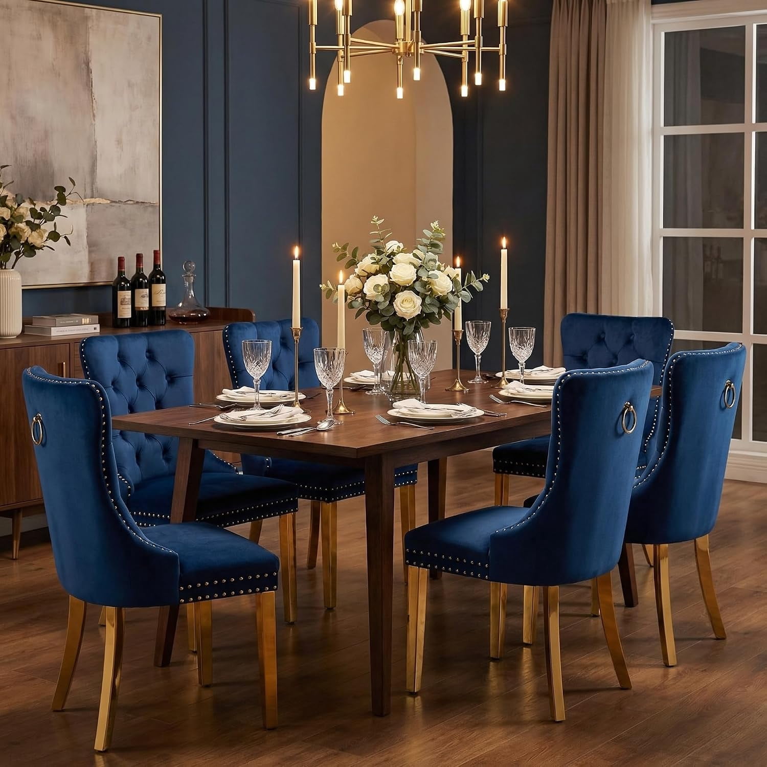 Collection Tufted Velvet Dining Chair, Nailhead Trim, Solid Wood Legs, Set of 2