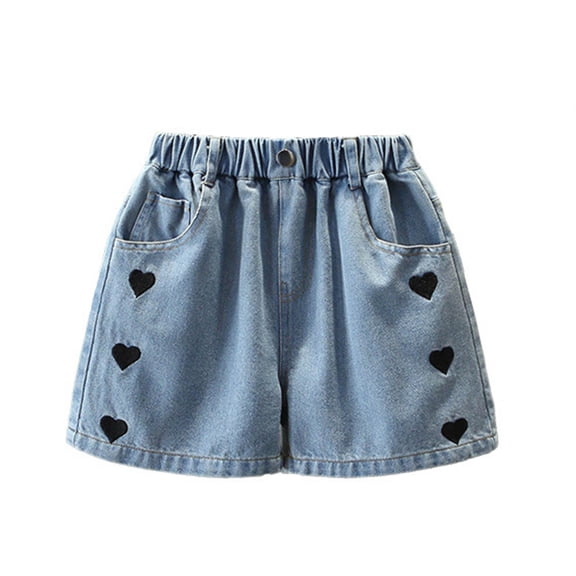 Girls Denim Shorts Summer Trendy Cute Casual Trendy Pants Elastic Waist Ruched Lace Patchwork Short Jeans (9 Years, Blue-M)