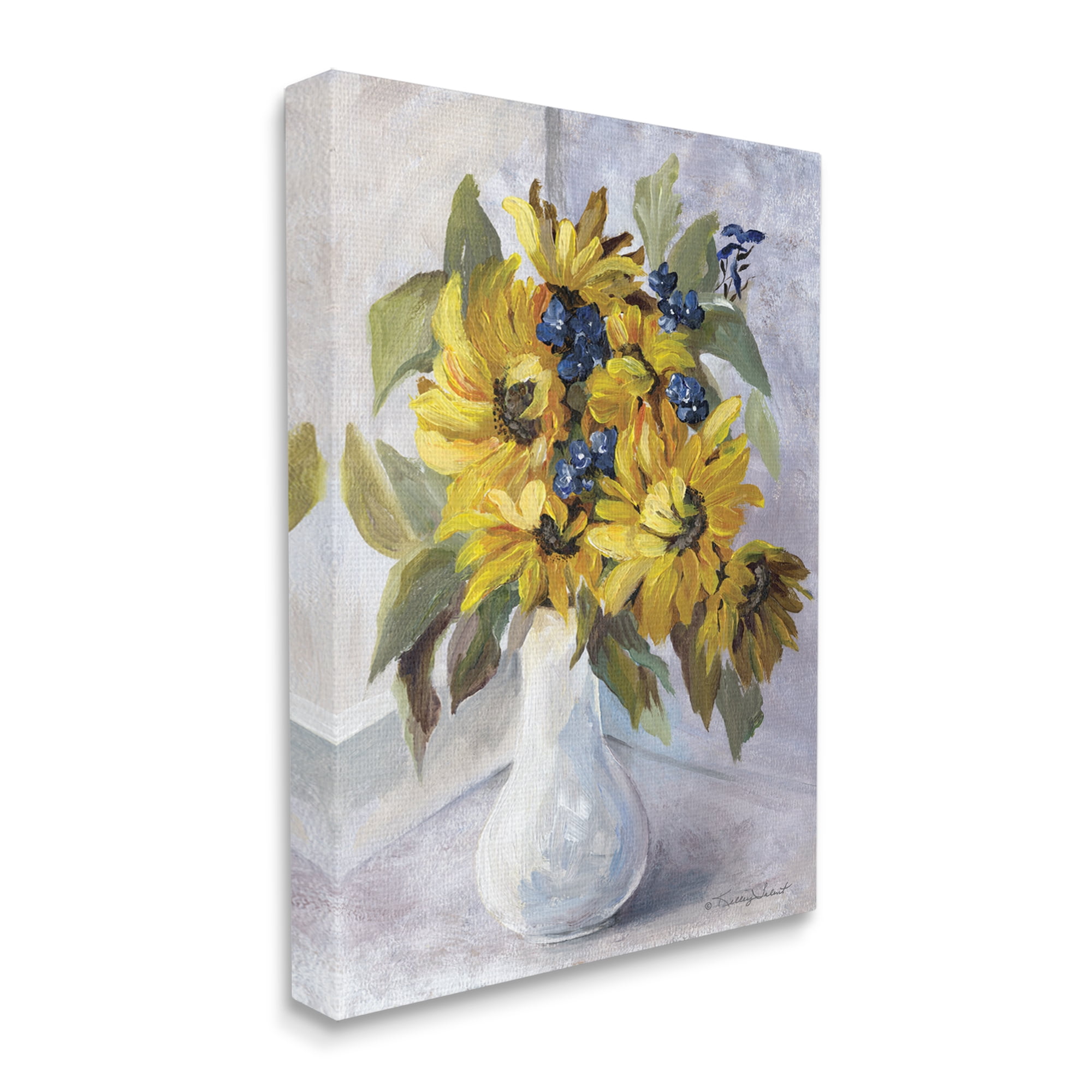 Stupell Yellow Daisies Blue Accent Flower Botanical & Floral Painting Gallery Wrapped Canvas Print Wall Art