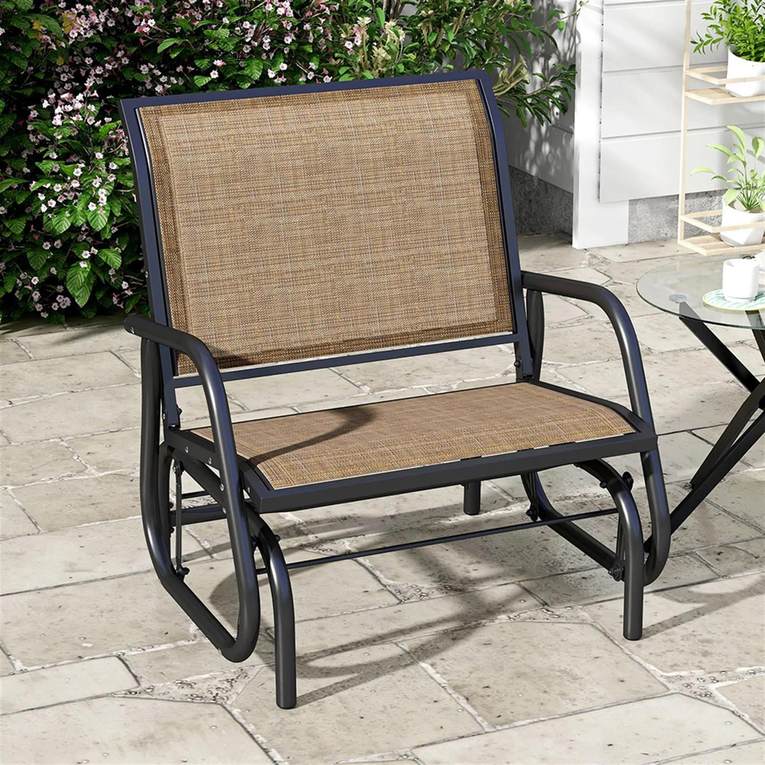 Demi Bonn Outdoor Glider Chairs, Metal Frame Swing Glider Chair with Breathable Mesh Fabric, Curved Armrests and Steel Frame for Garden, Poolside, Backyard, Balcony, Light Brown
