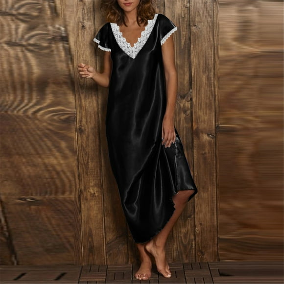 Staron Clearance Summer Dresses for Women 2025 Trendy Lace V Neck Flowy Sexy Satin Long Nightgown Nightdress Casual Summer Short Sleeve Solid Color Slip Dress Black 3XL