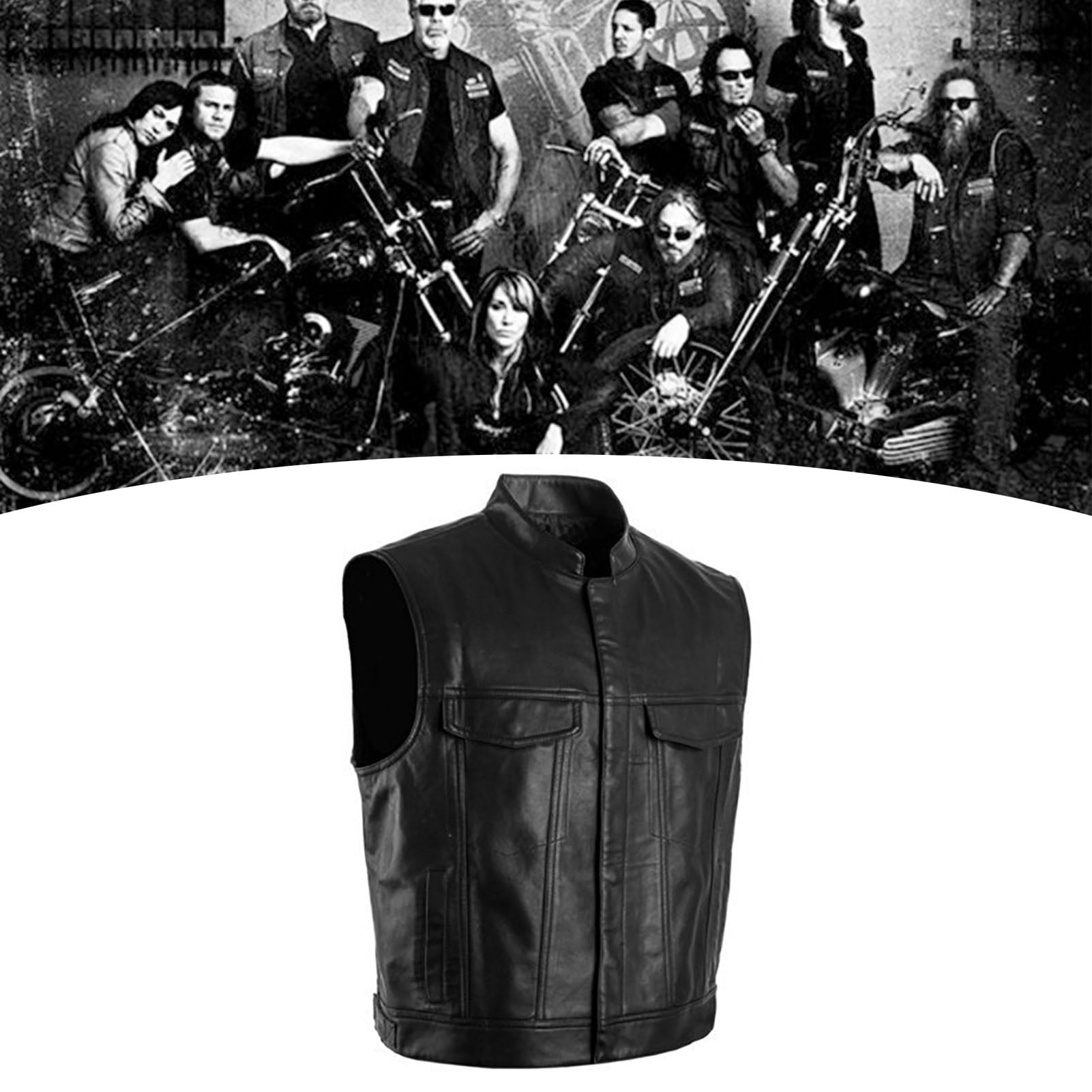 Stand Collar, Sleeveless, V-Neck, Motorcycle Style - Black