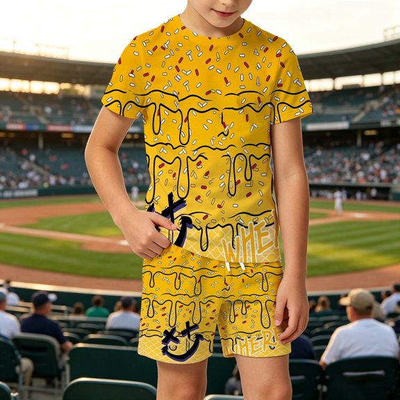 MEZZALL Cute Ice Cream Print Short Sleeve O-Neck Tee And Shorts Boys Outfit For Kids Summer Comfortable Everyday Wear Fashionable Clothes Sets