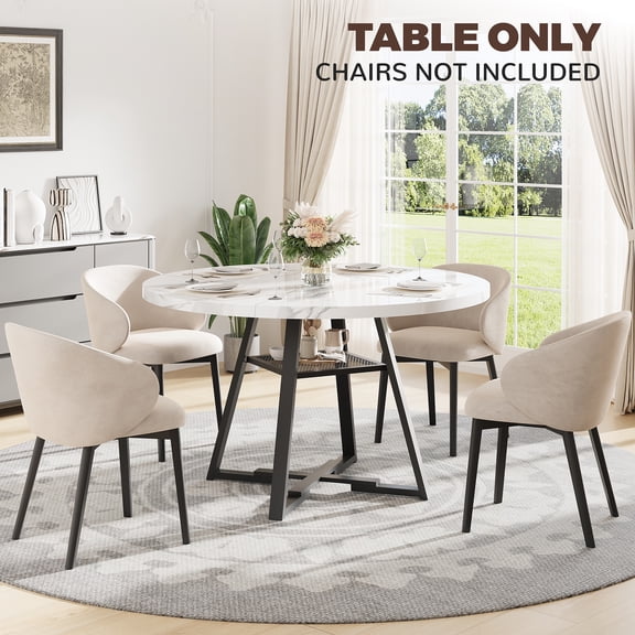 PAPROOS 43" Round Dining Table for 4, Faux Marble Kitchen Table with Storage Shelf, Modern Circle Dining Table for Dining Room, White (Table Only)