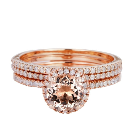 2.50 Round Morganite Halo Engagement Ring Bridal Trio Set In 10K Rose Gold, Promise Ring, Anniversary Ring