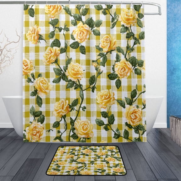 TTYFWHD 60" x 72" Shower Curtain and Bath Mat Set Gingham Pattern Yellow Roses Waterproof Bathroom Curtain with 12 Hooks, Bathroom Decor Set