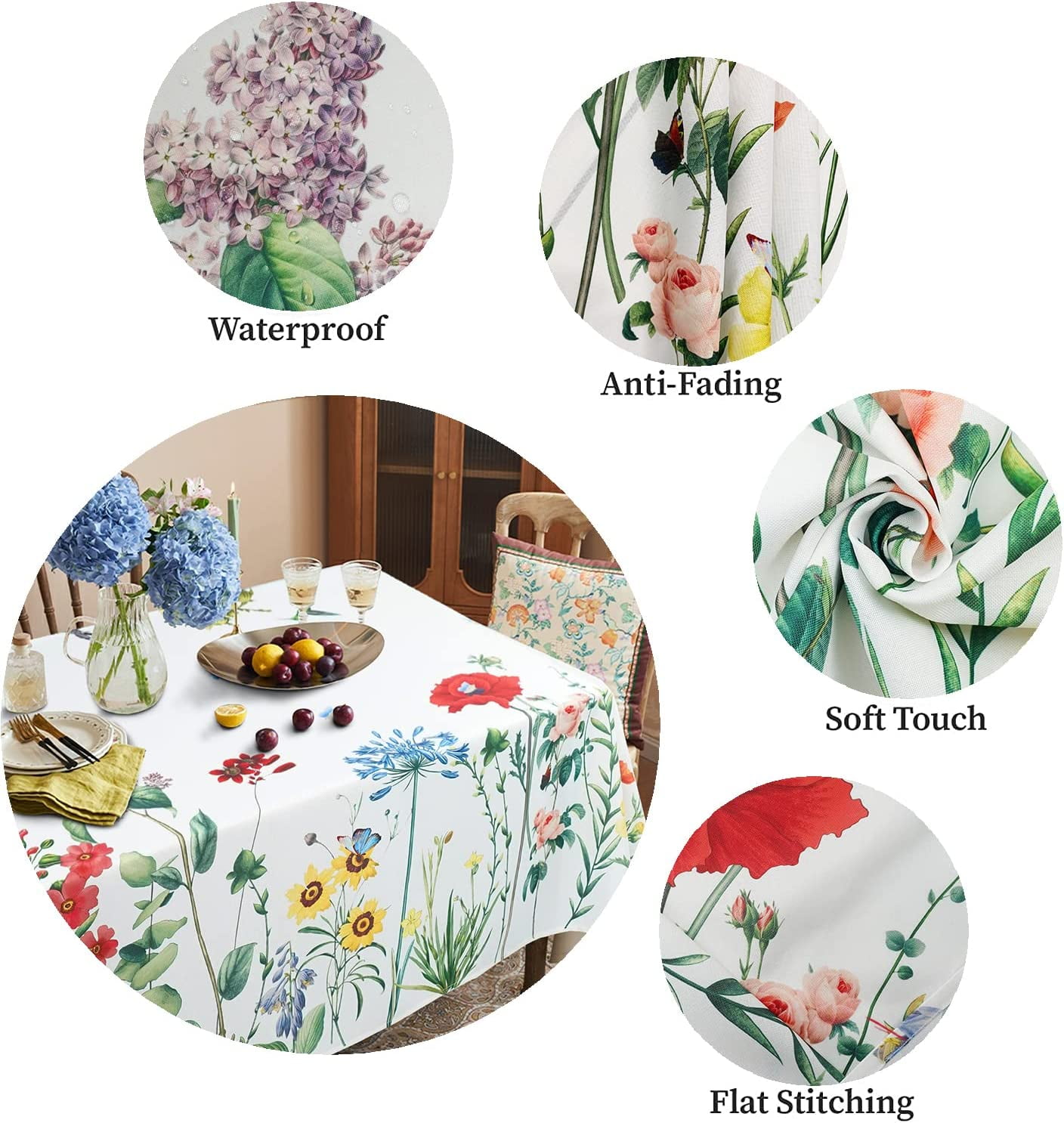 Floral Tablecloth Spring Summer Wild Flower Butterfly Tablecloths Rectangle 60x84inch Table Cloth Waterproof Wrinkle Resistant Table Cloth for Dining Holiday Parties,Indoor and Outdoor Dining