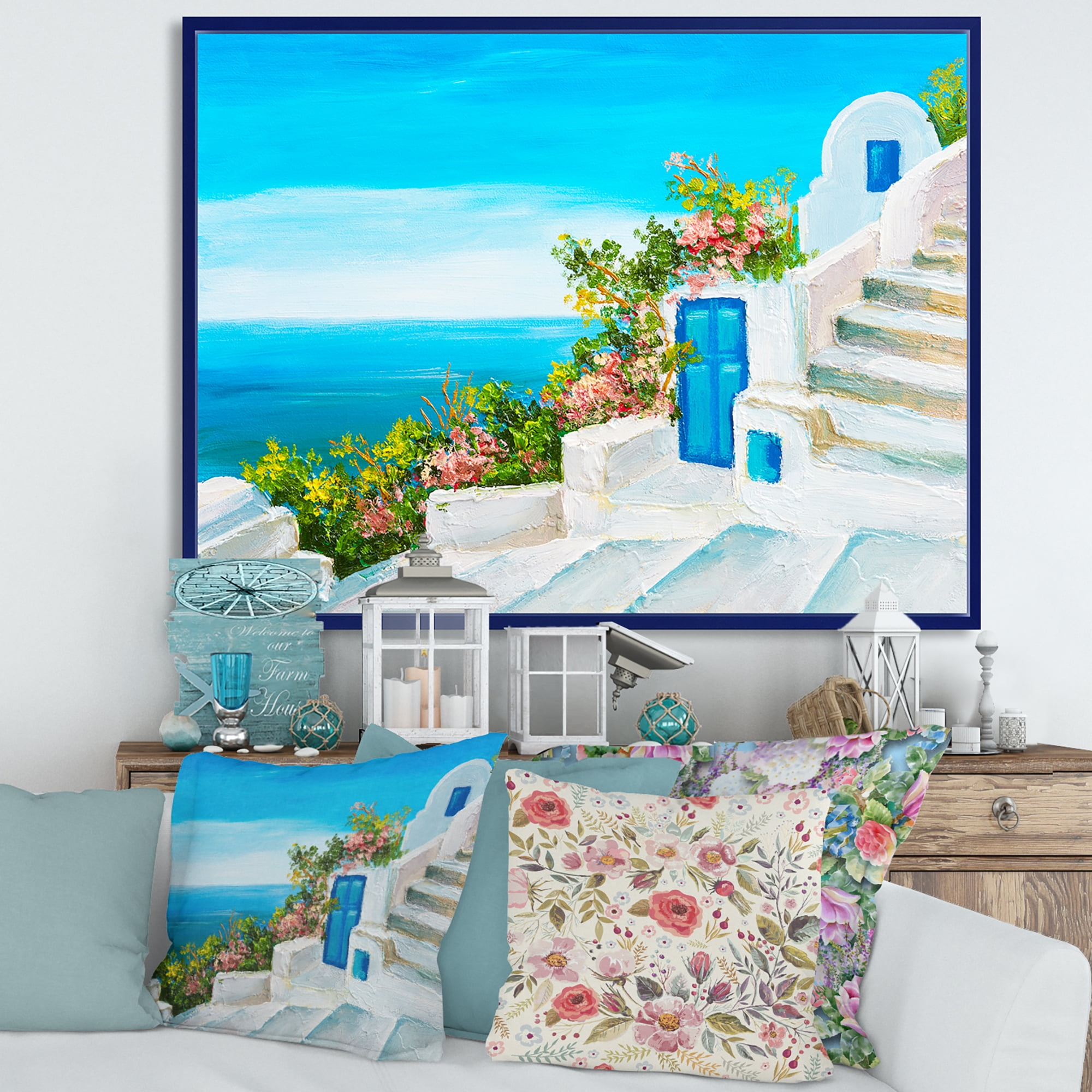 House With Colorful Flowers Near The Sea IV 40 in x 30 in Framed Painting Canvas Art Print, by Designart