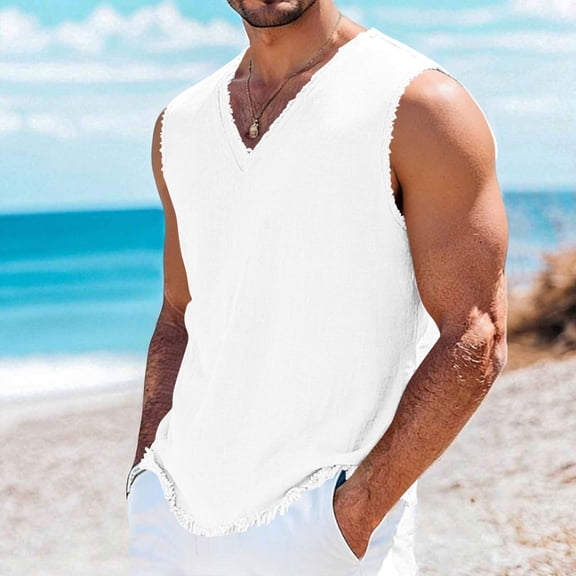 Linen Tank Tops for Men Breathable V-Neck Sleeveless Shirts Relaxed Fit Summer Beach Vacation Casual Wear Big and Tall