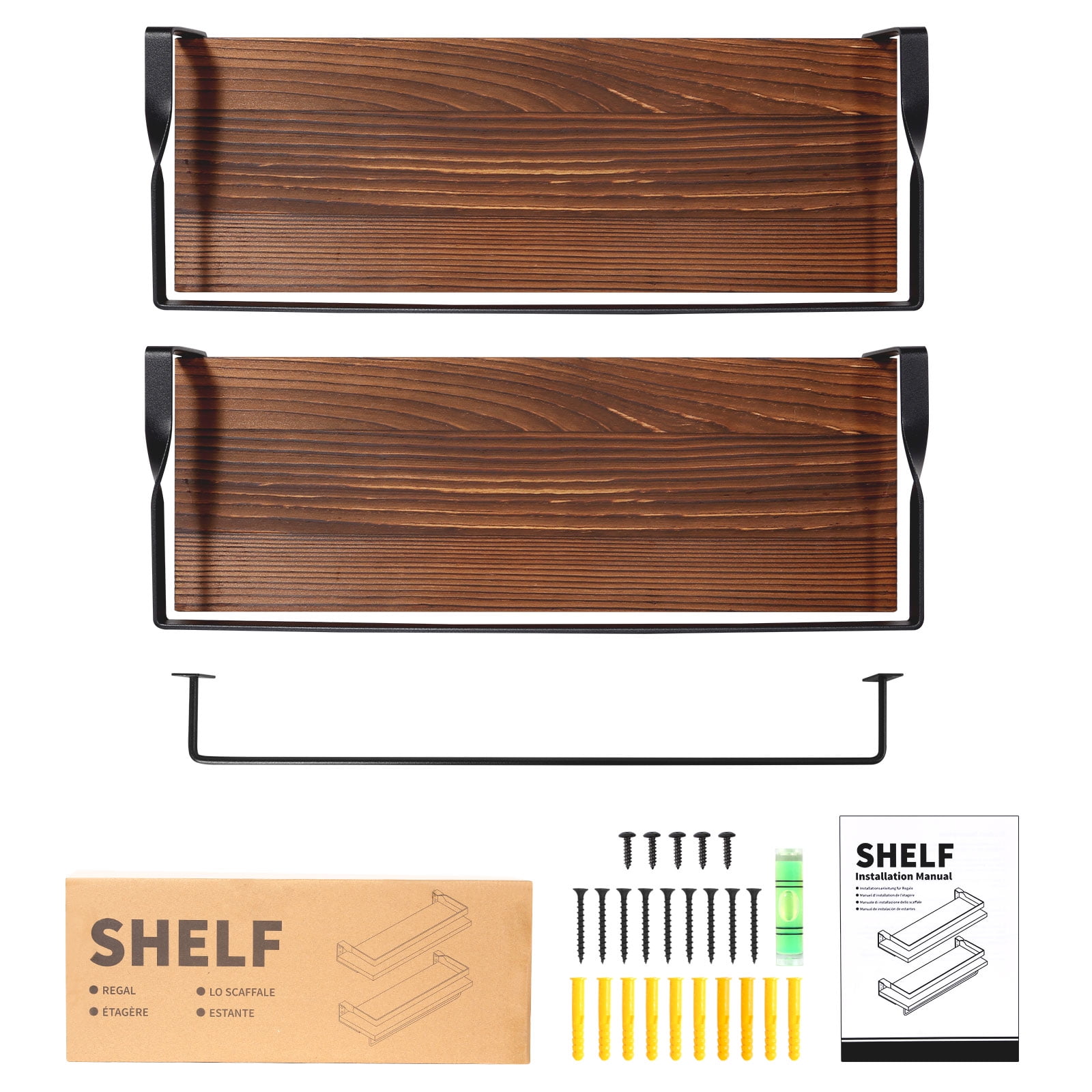 Uten Wall Mounted Floating Shelves Set of 2, Solid Wood Storage Shelves on Metal Frame and Towel Bar for Bathroom, Kitchen, Bedroom, Decorative & Space Saving
