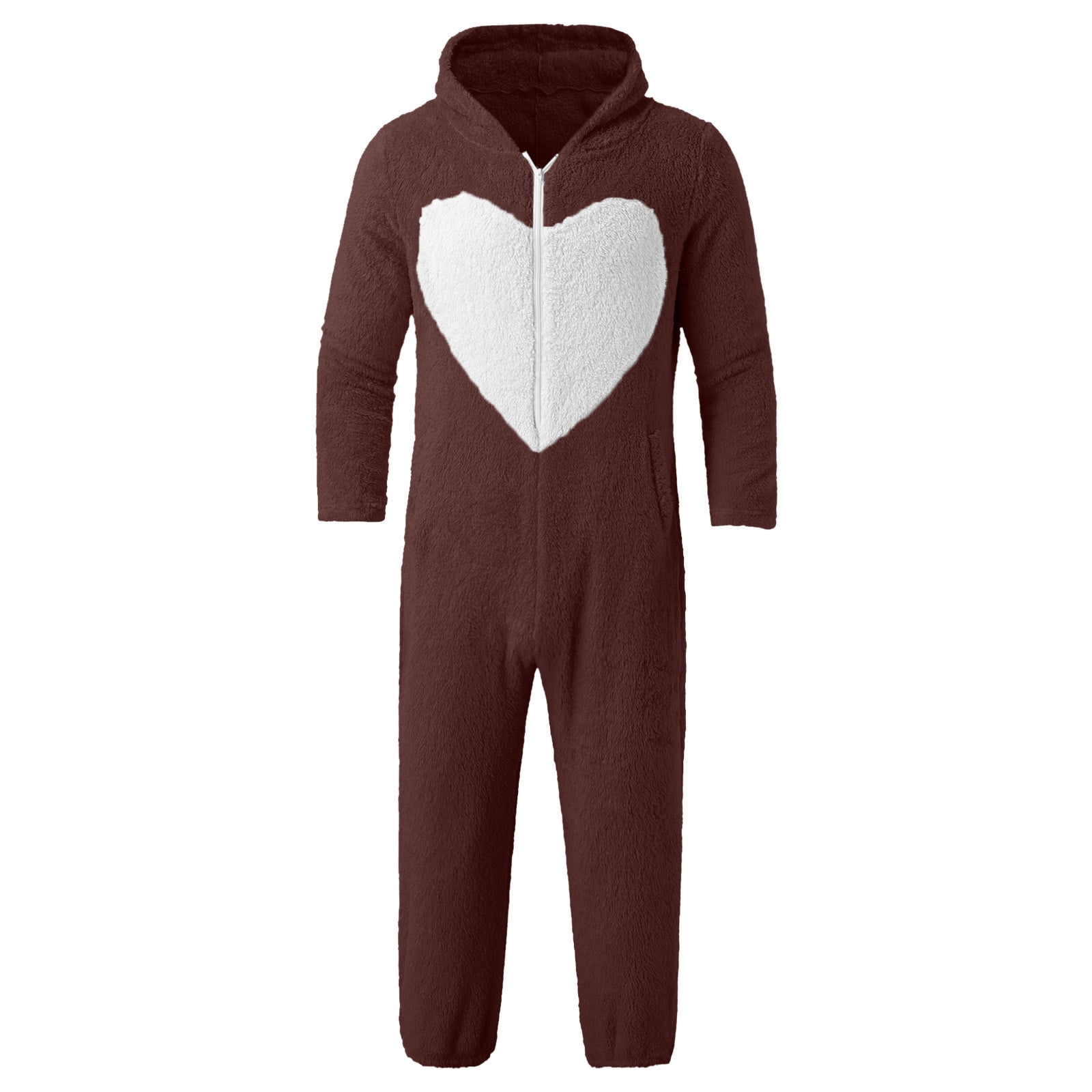 JUUYY Men's Fleece Onesie Hooded Jumpsuit Zip Up Love Patchwork One-Piece Pajamas Playsuit Jogger Sweatsuit Sleep Onesies Romper Brown L