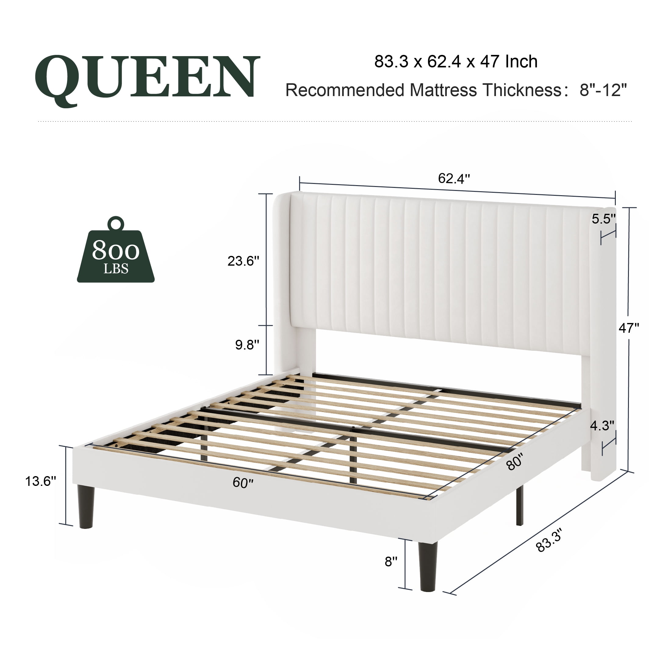 Amolife King Size Upholstered Bed Frame with Wingback Headboard, OffWhite Velvet Vertical Stripe  (图2)