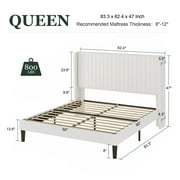 Amolife Queen Size Velvet Upholstered Bed with Wingback Headboard, Off-white