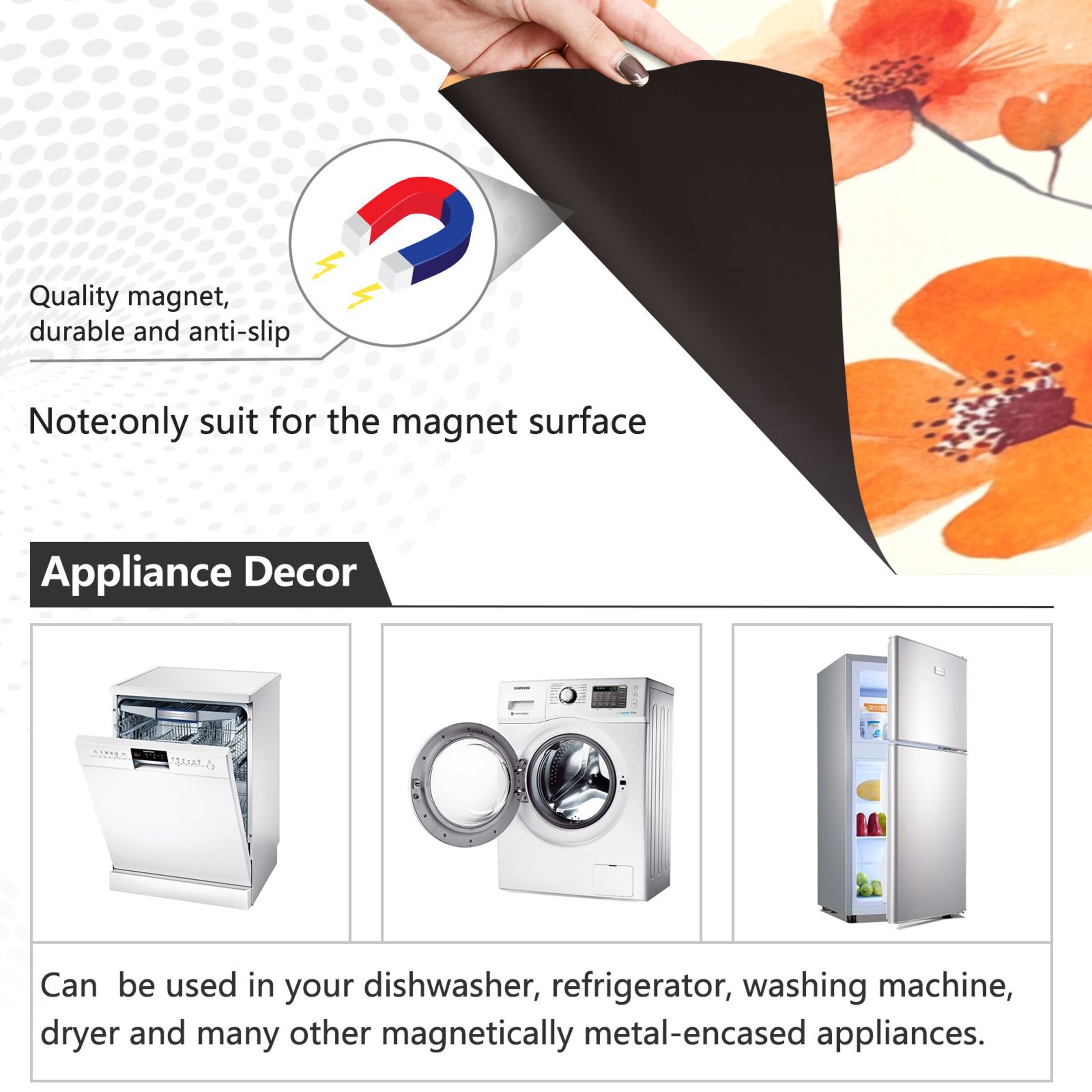 Dishwasher Magnetic Sticker 23x26 Inch Refrigerator Magnetic Sticker Washing Machine Magnetic Sticker Kitchen Panel Magnetic Sticker Home Decor Cartoon Orange Flowers