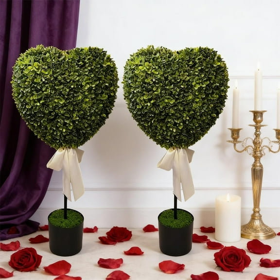 FYHALE Valentine's Day Boxwood Heart with Bow Topiary, Heart Shaped Topiary Outdoor Romantic Home Patio Decor, Artificial Heart Topiary with Pot, 32", 2PC