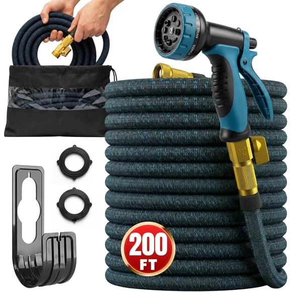 Boyau d'Arrosage de 200 Pi avec Buse de Pulvérisation à 10 Fonctions, Boyau d'Arrosage Extensible, Raccord en Laiton Massif 3/4 Pouces à Retrait Facile, Boyau d'Eau Flexible, Matériau Extra Durable, Noir&Bleu par Luft