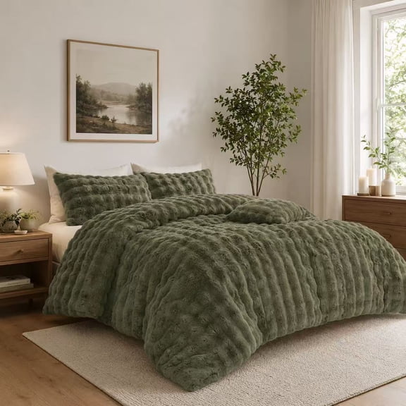 HIG Green 4 Pieces Bubble Faux Fur Comforter Set – Plush Textured Polyester Bedding With Soft Faux Fur Design, Queen